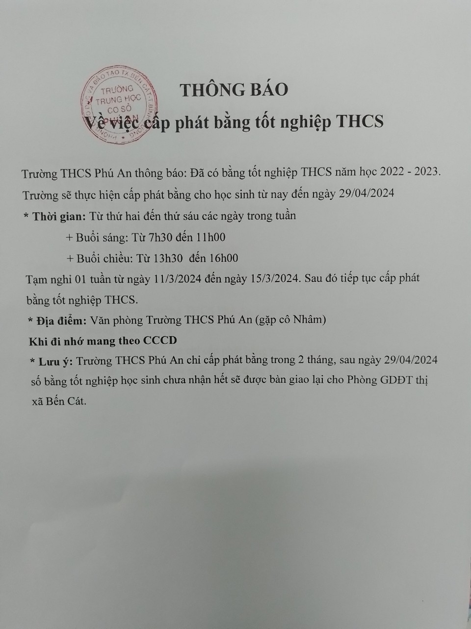 thong bao nhan bang tot nghiep